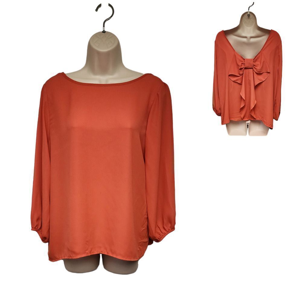 Coveted Clothing Womens 3/4 Bell Sleeve Bow Accent Orange Top/Blouse Size Medium